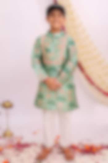 Greenish Blue Silk Floral Printed Kurta Set For Boys by Mudkid at Pernia's Pop Up Shop