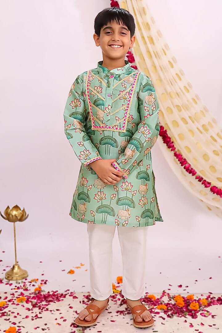 Greenish Blue Silk Floral Printed Kurta Set For Boys by Mudkid at Pernia's Pop Up Shop
