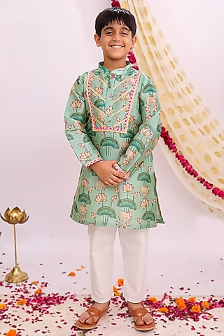 Greenish Blue Silk Floral Printed Kurta Set For Boys by Mudkid