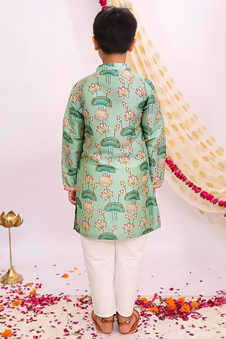 Greenish Blue Silk Floral Printed Kurta Set For Boys by Mudkid at Pernia's Pop Up Shop