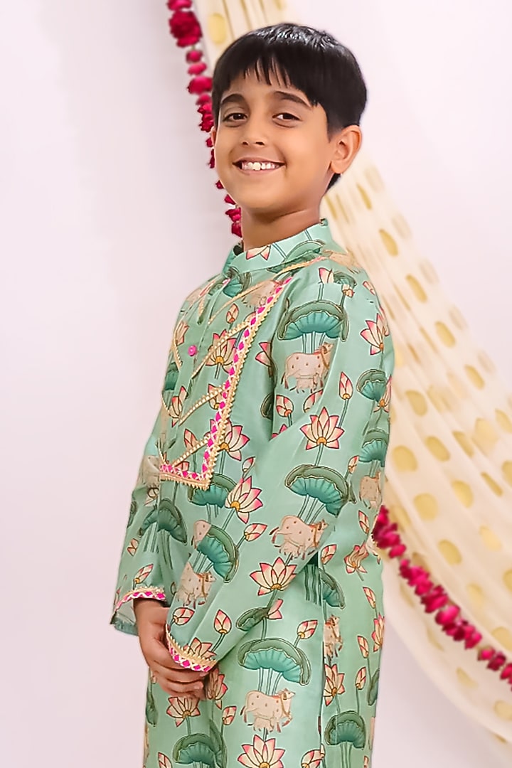 Greenish Blue Silk Floral Printed Kurta Set For Boys by Mudkid at Pernia's Pop Up Shop