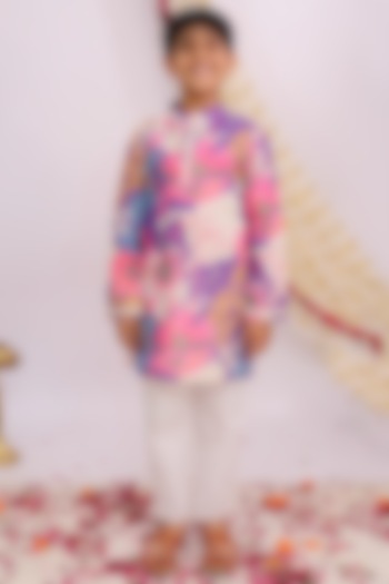 Purple Silk Floral Printed Kurta Set For Boys by Mudkid at Pernia's Pop Up Shop