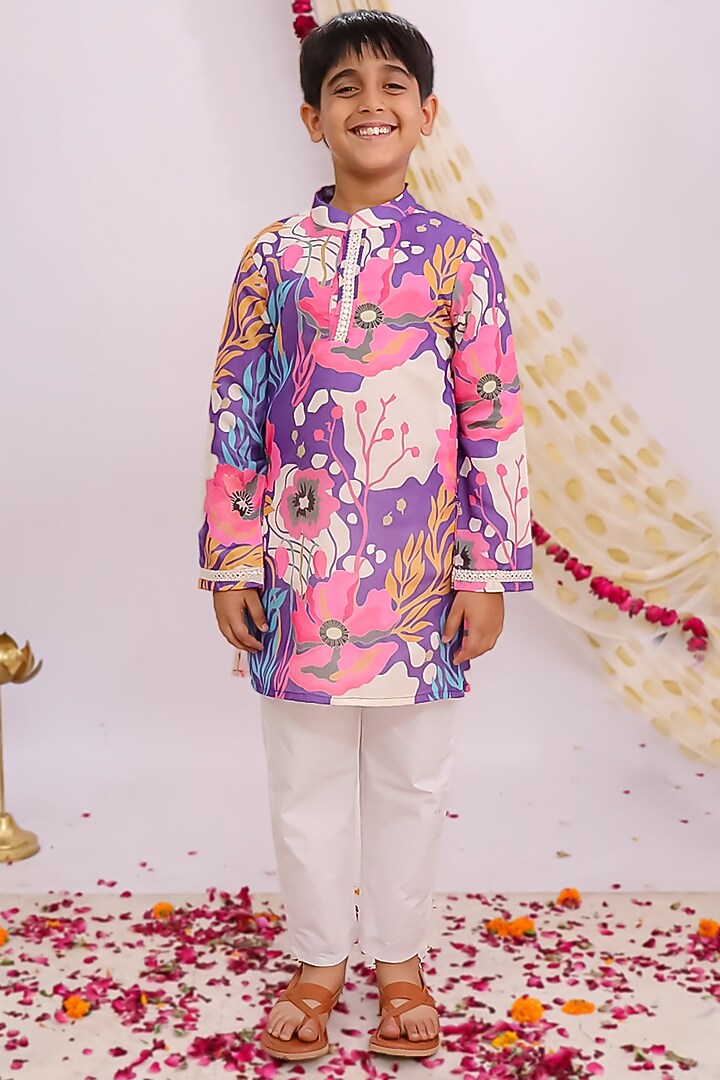 Purple Silk Floral Printed Kurta Set For Boys by Mudkid at Pernia's Pop Up Shop
