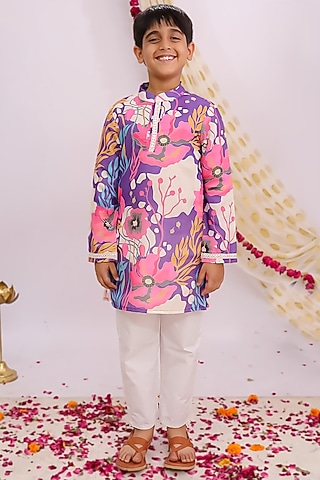 Purple Silk Floral Printed Kurta Set For Boys by Mudkid