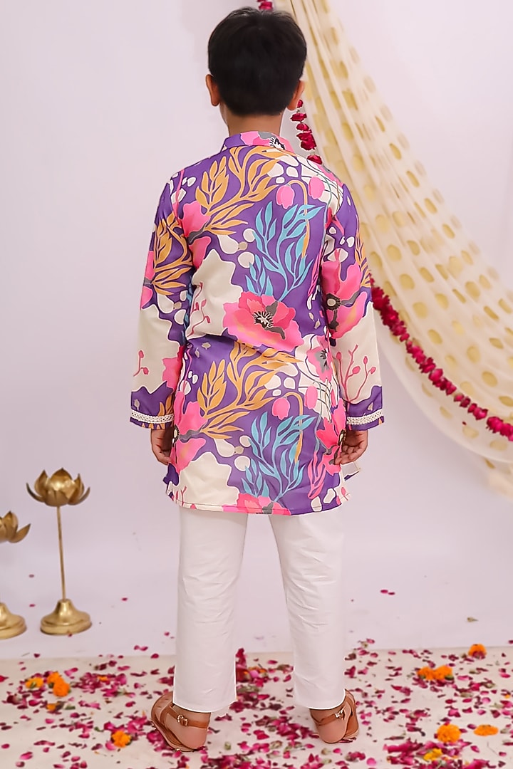 Purple Silk Floral Printed Kurta Set For Boys by Mudkid at Pernia's Pop Up Shop