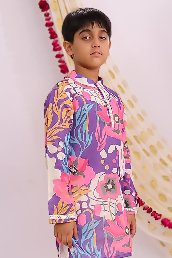 Purple Silk Floral Printed Kurta Set For Boys by Mudkid at Pernia's Pop Up Shop