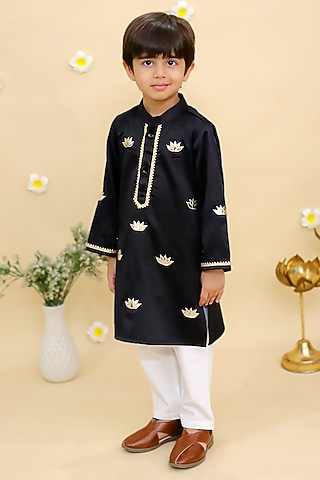 Black Cotton Silk Embroidered Kurta Set For Boys by Mudkid