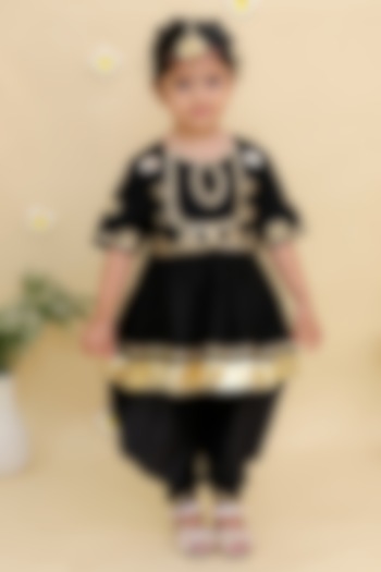 Black Cotton Silk Embroidered Anarkali Set For Girls by Mudkid at Pernia's Pop Up Shop