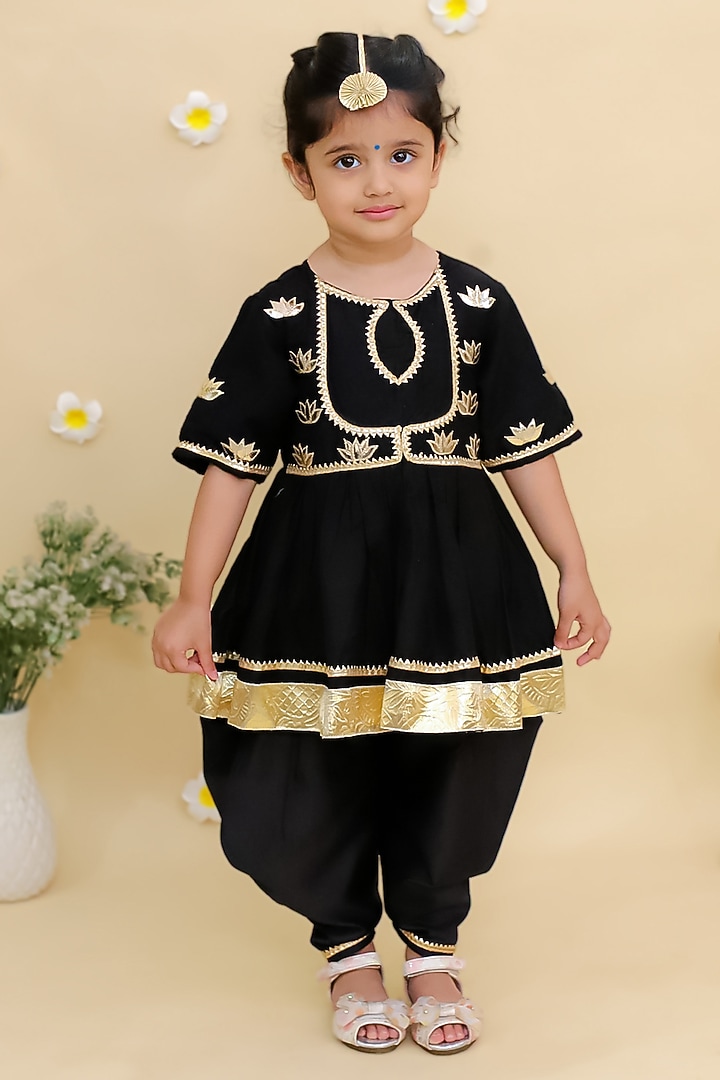 Black Cotton Silk Embroidered Anarkali Set For Girls by Mudkid at Pernia's Pop Up Shop