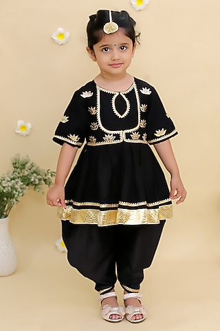 Black Cotton Silk Embroidered Anarkali Set For Girls by Mudkid