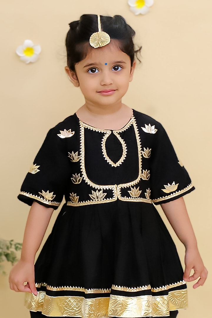 Black Cotton Silk Embroidered Anarkali Set For Girls by Mudkid at Pernia's Pop Up Shop