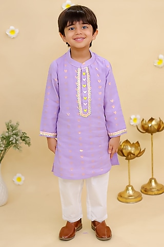 Purple Cotton Embroidered Kurta Set For Boys by Mudkid