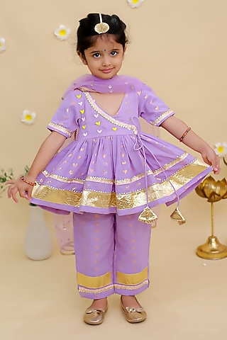 Purple Cotton Embroidered Kurta Set For Girls by Mudkid