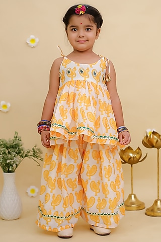 Yellow Cotton Printed Kurta Set For Girls by Mudkid