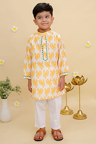 Yellow Cotton Printed Kurta Set For Boys by Mudkid