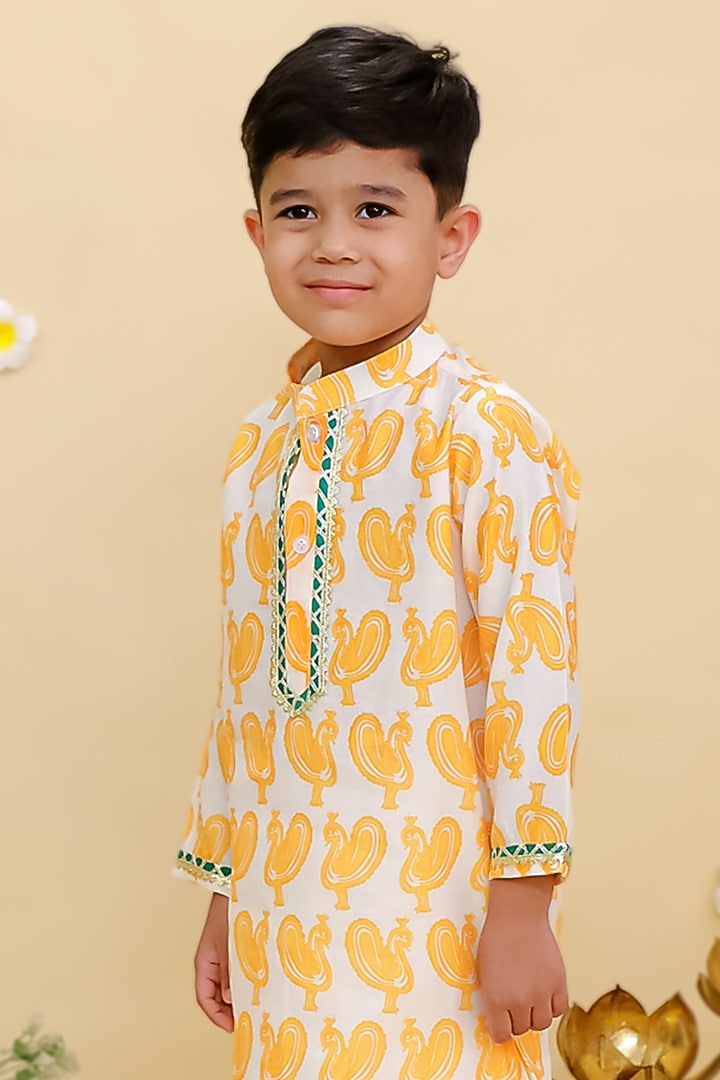 Yellow Cotton Printed Kurta Set For Boys by Mudkid at Pernia's Pop Up Shop