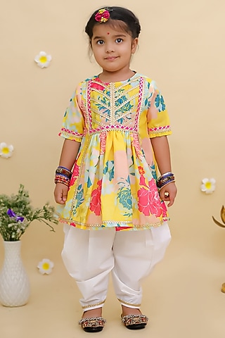 Yellow Silk Printed Kurta Set For Girls by Mudkid