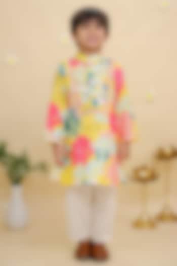 Yellow Cotton Printed Kurta Set For Boys by Mudkid at Pernia's Pop Up Shop