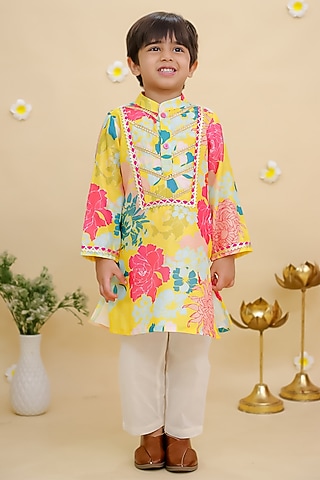 Yellow Cotton Printed Kurta Set For Boys by Mudkid