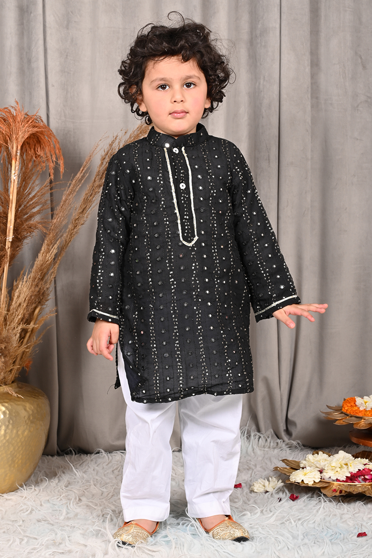 Black Georgette Mirror & Thread Embroidered Kurta Set For Boys by Mudkid at Pernia's Pop Up Shop