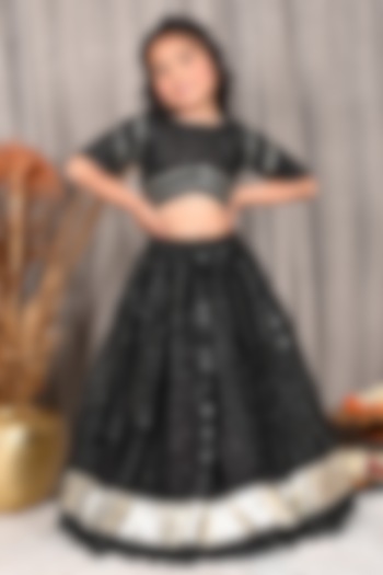 Black Georgette Thread Embroidered Lehenga Set For Girls by Mudkid at Pernia's Pop Up Shop