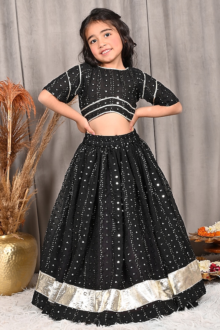 Black Georgette Thread Embroidered Lehenga Set For Girls by Mudkid at Pernia's Pop Up Shop