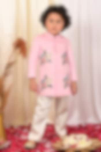 Baby Pink Cotton Floral Embroidered Sherwani Set For Boys by Mudkid