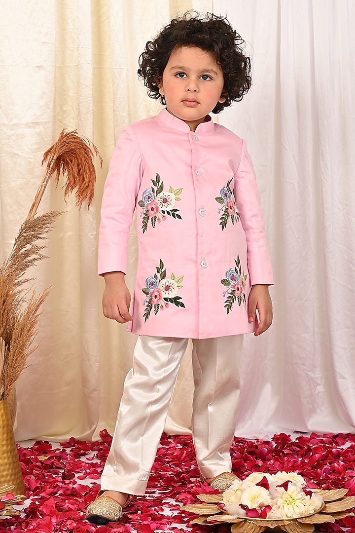 Baby Pink Cotton Floral Embroidered Sherwani Set For Boys by Mudkid