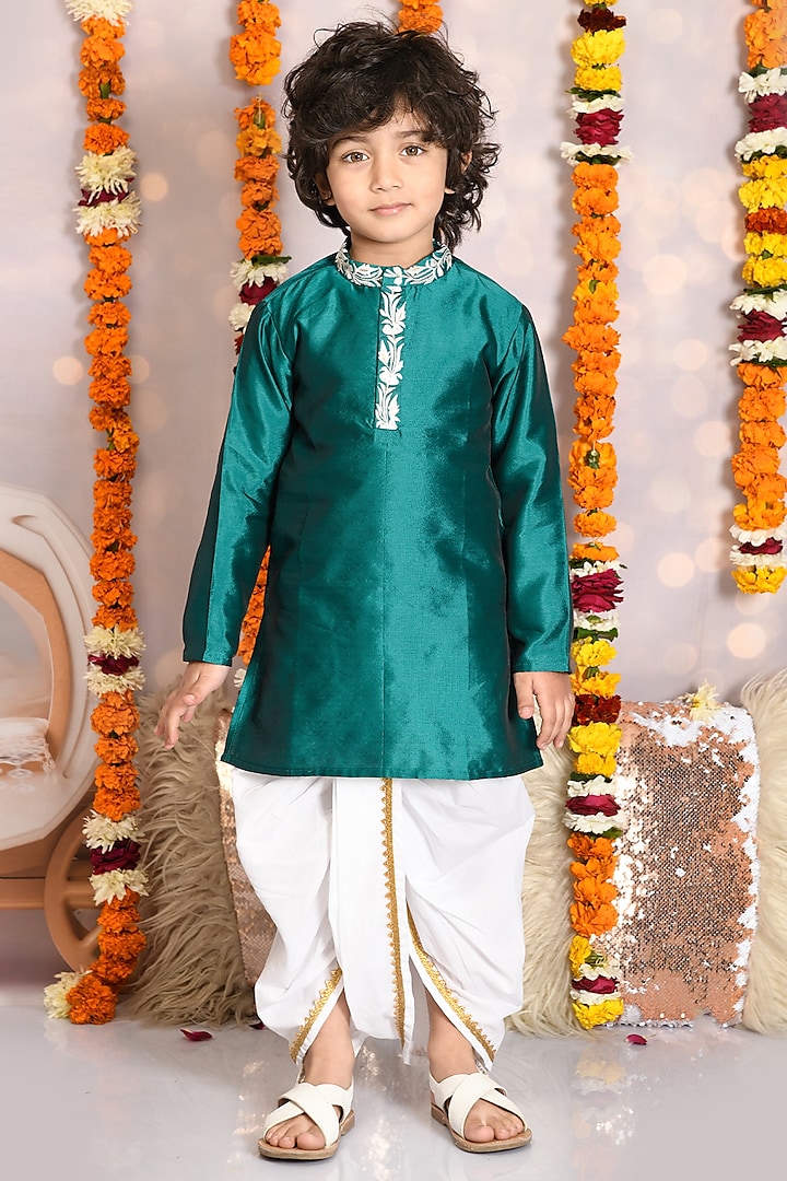 White Cotton Dhoti Set For Boys by Mudkid at Pernia's Pop Up Shop