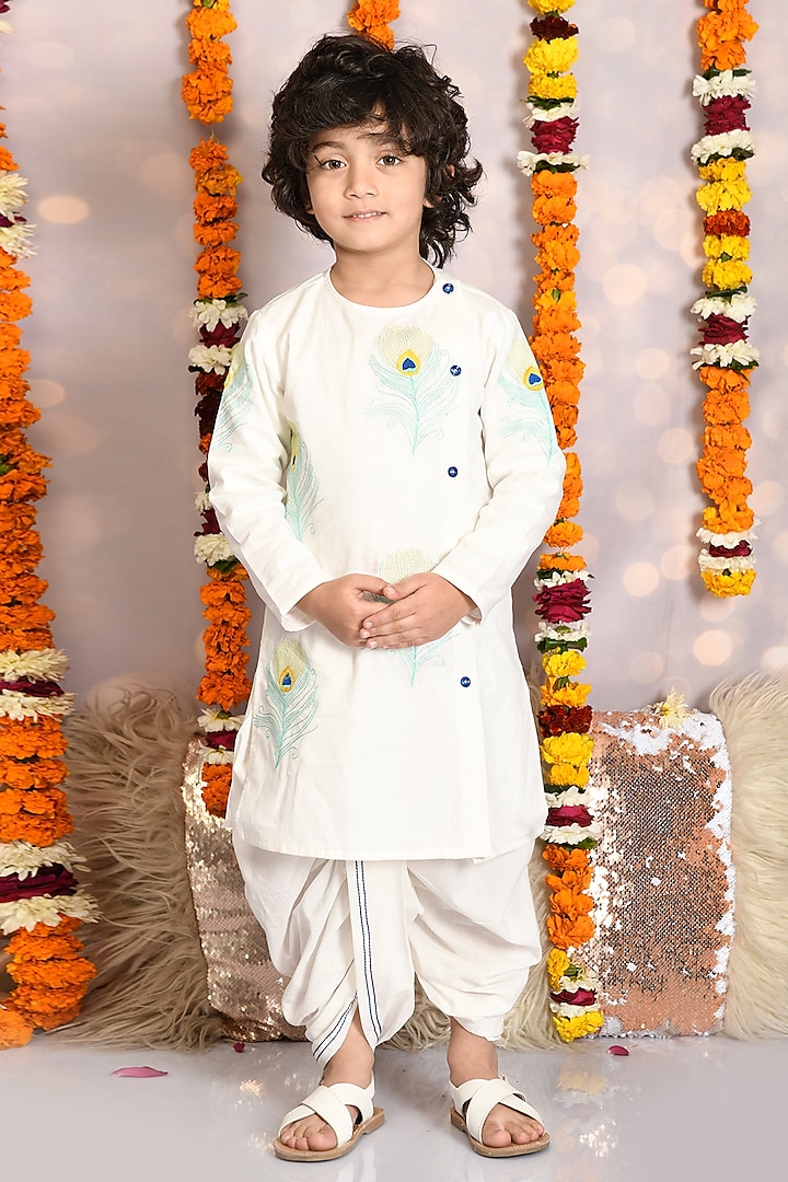 Cream Cotton Dhoti Set For Boys by Mudkid at Pernia's Pop Up Shop