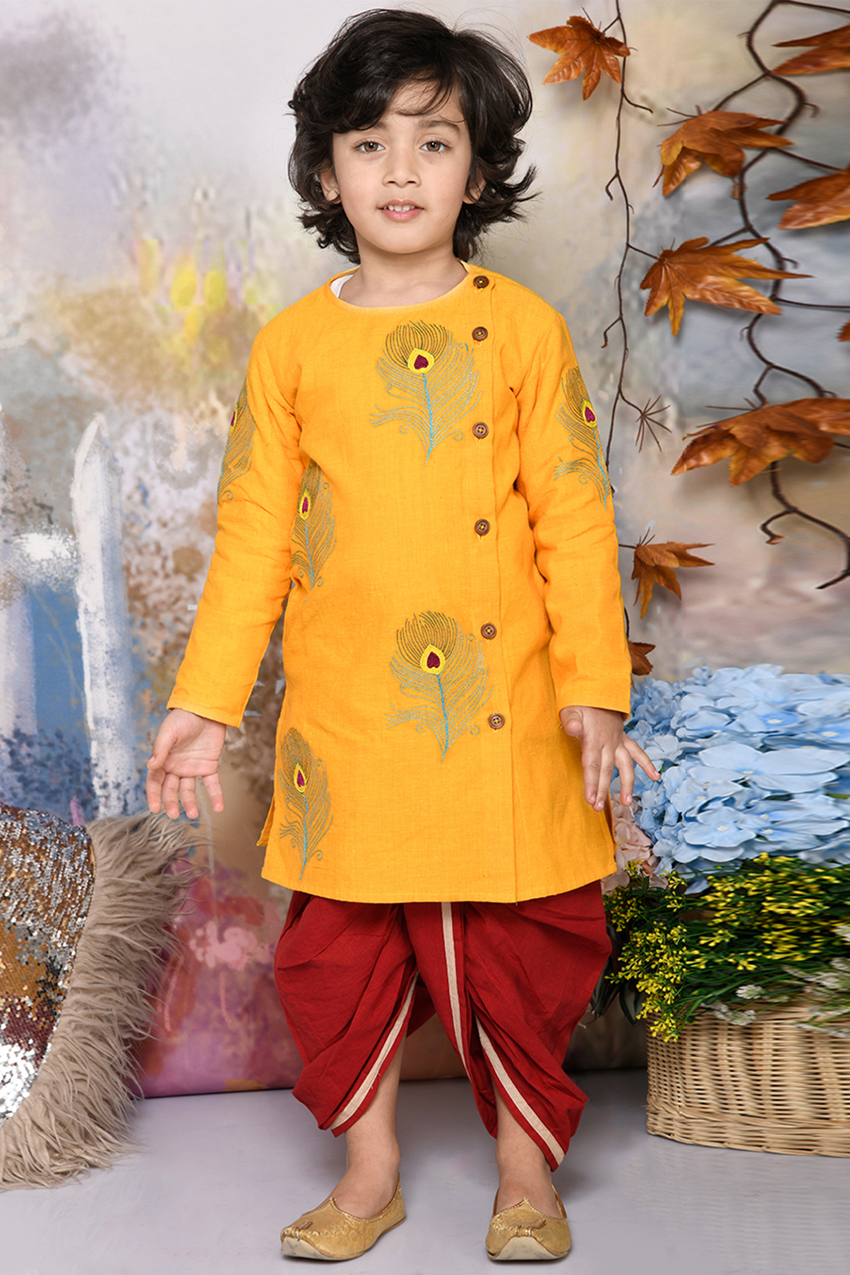 Maroon Cotton Dhoti Set For Boys by Mudkid at Pernia's Pop Up Shop