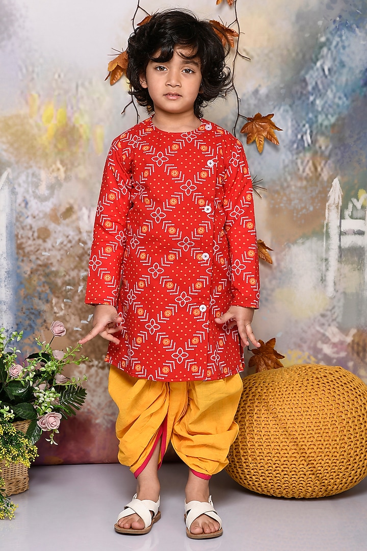 Yellow Cotton Dhoti Set For Boys by Mudkid