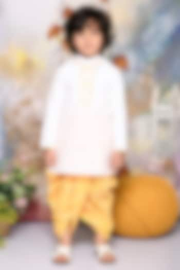 Yellow Cotton Leheriya Printed Dhoti Set For Boys by Mudkid