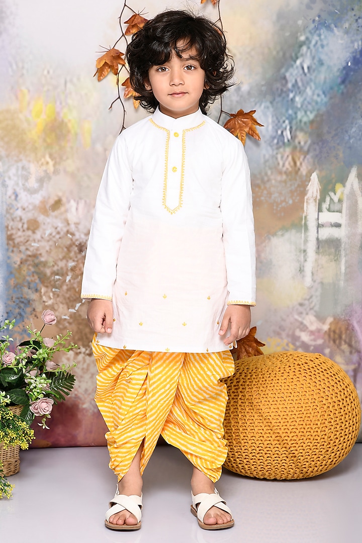 Yellow Cotton Leheriya Printed Dhoti Set For Boys by Mudkid