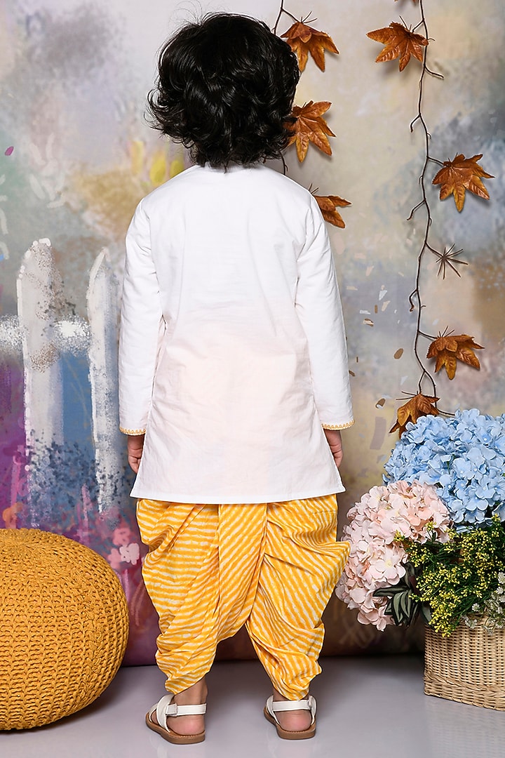 Yellow Cotton Leheriya Printed Dhoti Set For Boys by Mudkid at Pernia's Pop Up Shop