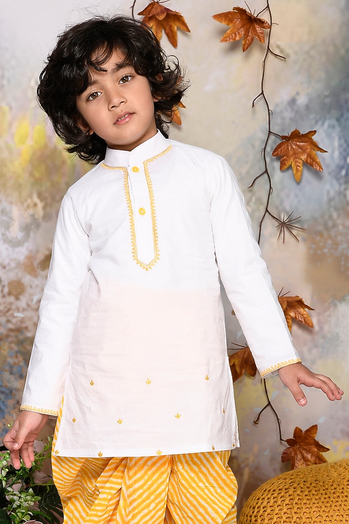 Yellow Cotton Leheriya Printed Dhoti Set For Boys by Mudkid at Pernia's Pop Up Shop