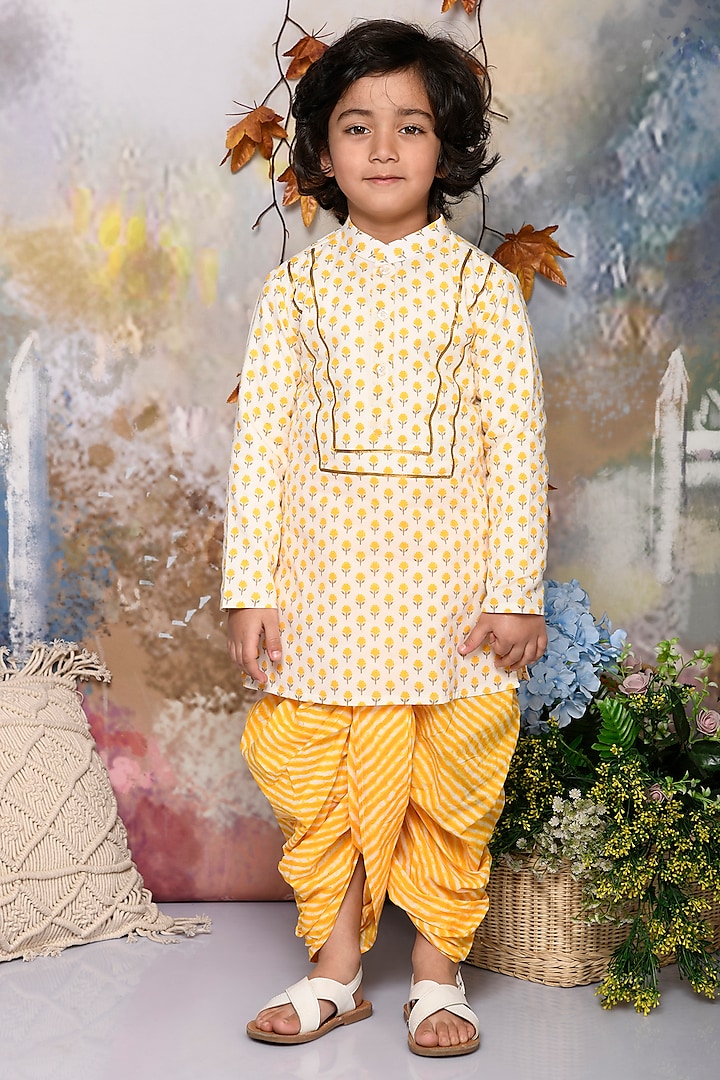 Yellow Cotton Leheriya Printed Dhoti Set For Boys by Mudkid