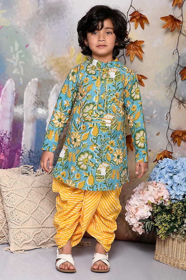 Yellow Cotton Leheriya Dhoti Set For Boys by Mudkid