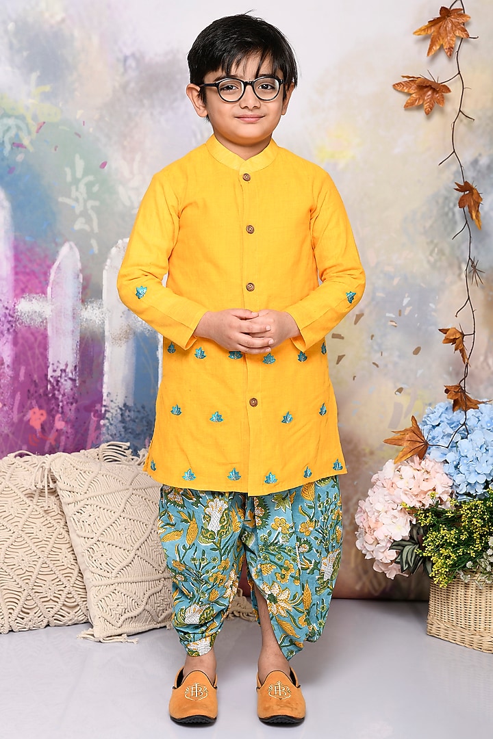 Green Cotton Printed Dhoti Set For Boys by Mudkid at Pernia's Pop Up Shop