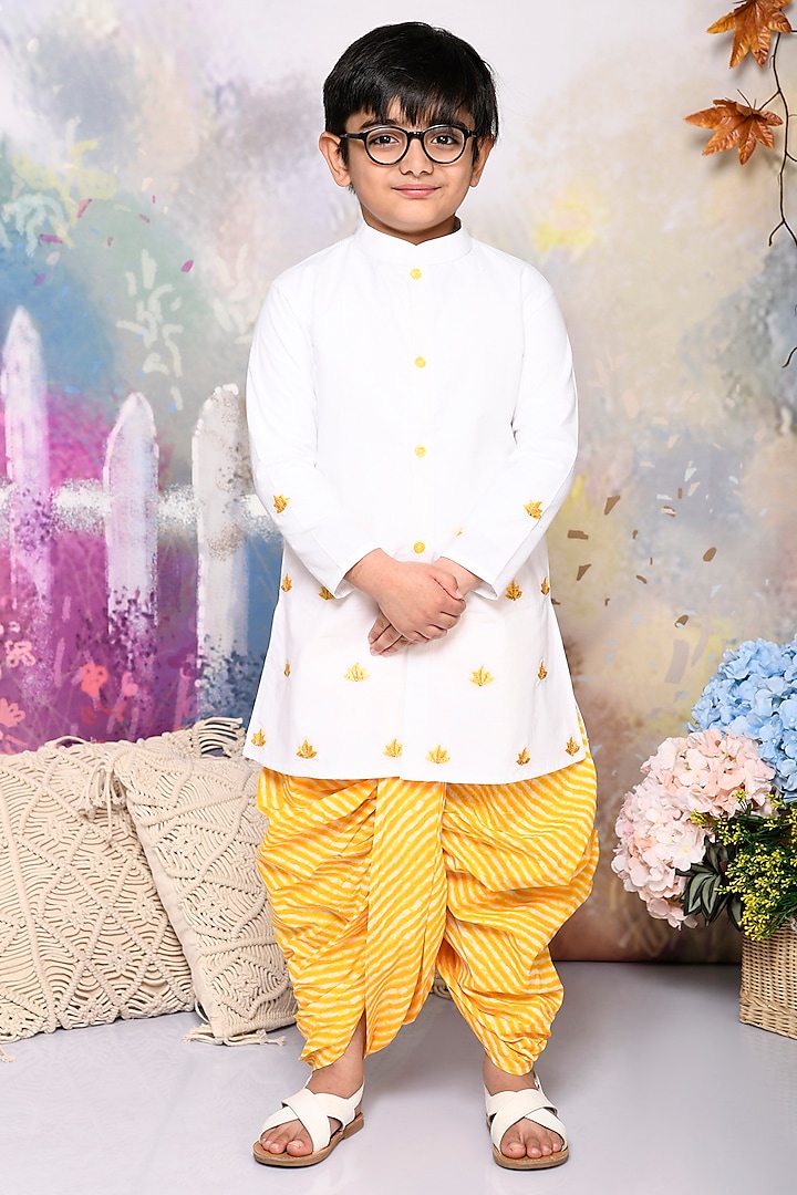 Yellow Cotton Leheriya Dhoti Set For Boys by Mudkid