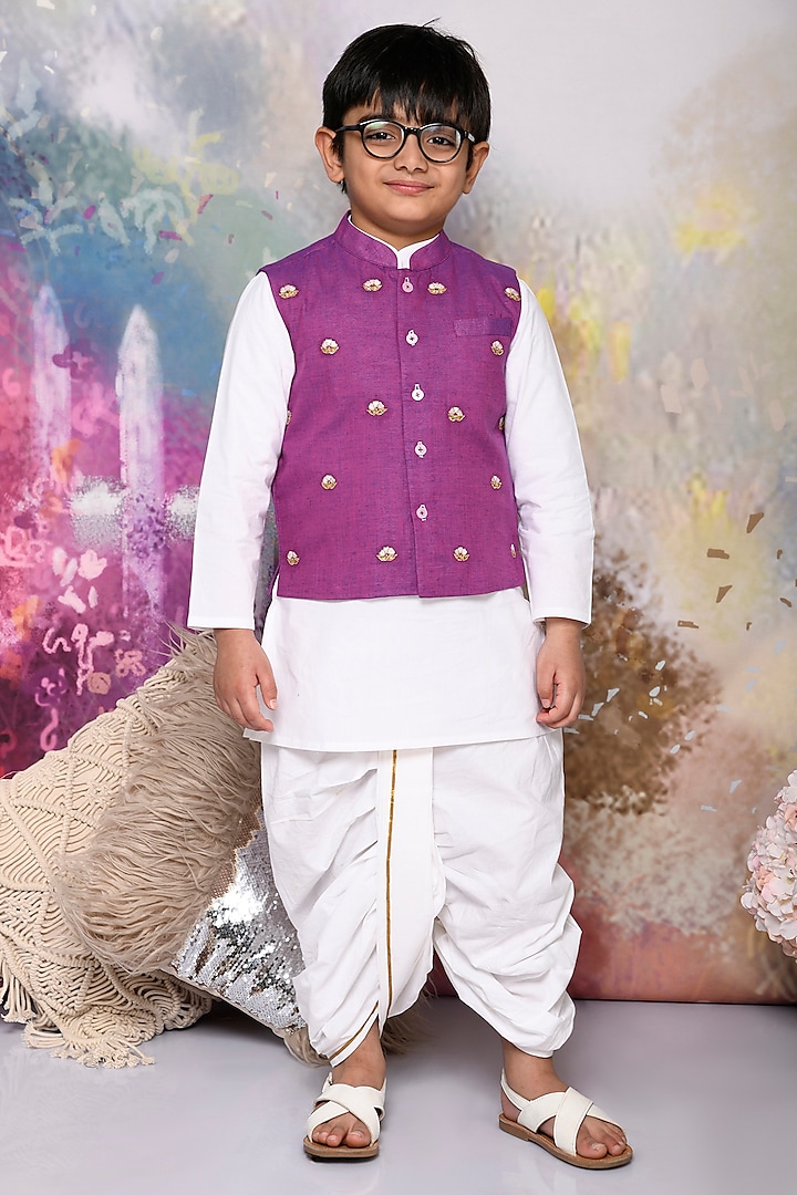 Purple Cotton Thread Embroidered Jacket Set For Boys by Mudkid