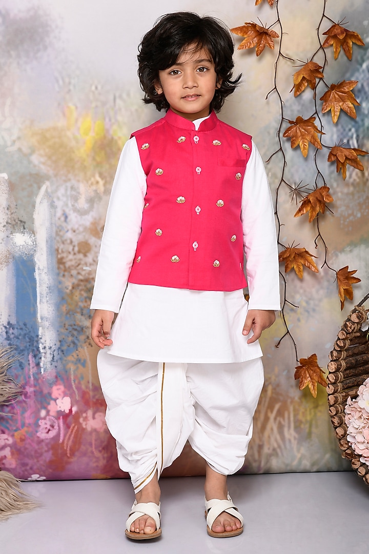 Hot Pink Cotton Thread Embroidered Jacket Set For Boys by Mudkid