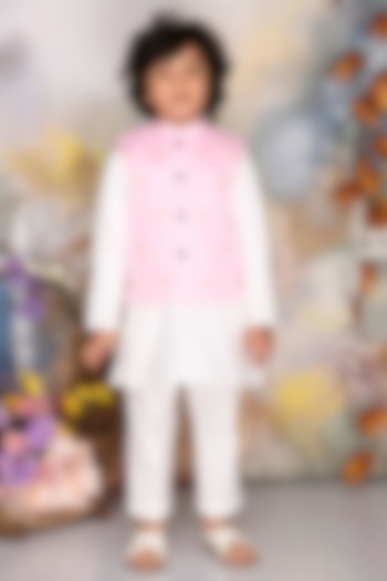 Pink Cotton Thread Embroidered Jacket Set For Boys by Mudkid at Pernia's Pop Up Shop