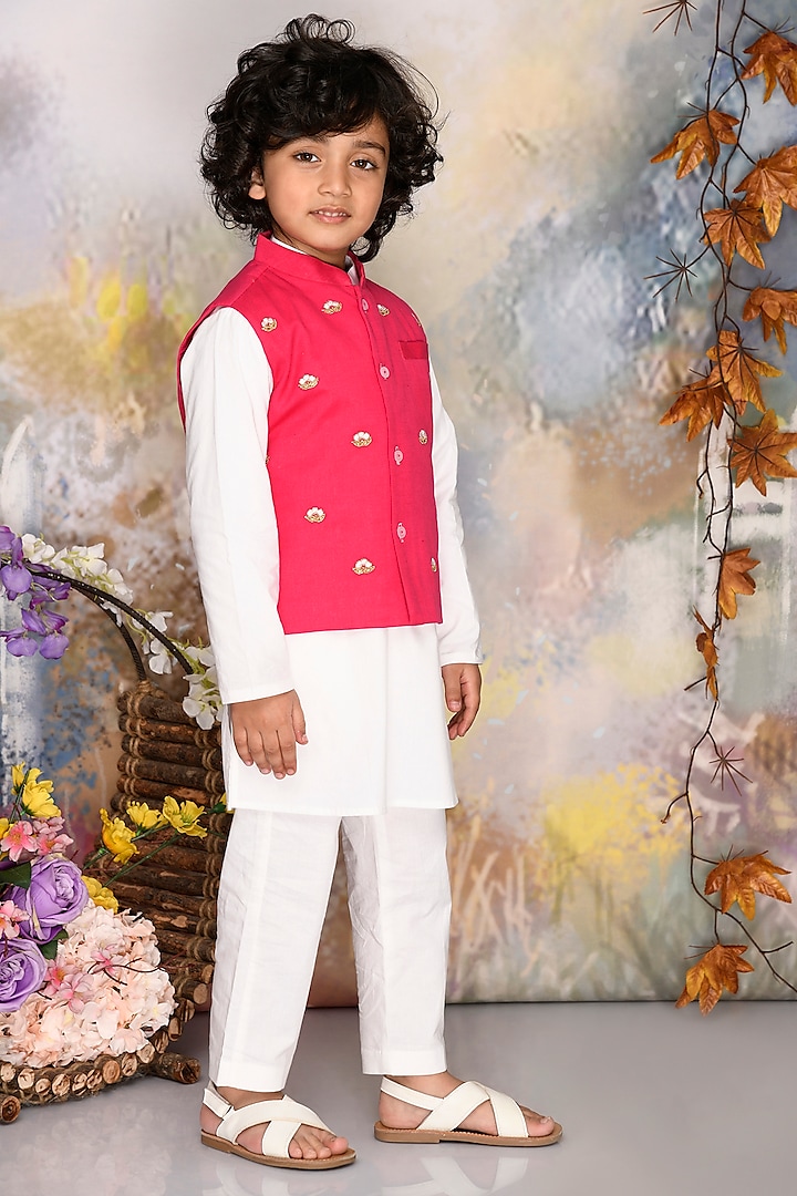 Hot Pink Cotton Thread Embroidered Jacket Set For Boys by Mudkid