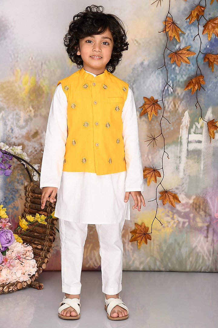 Yellow Cotton Thread Embroidered Jacket Set For Boys by Mudkid