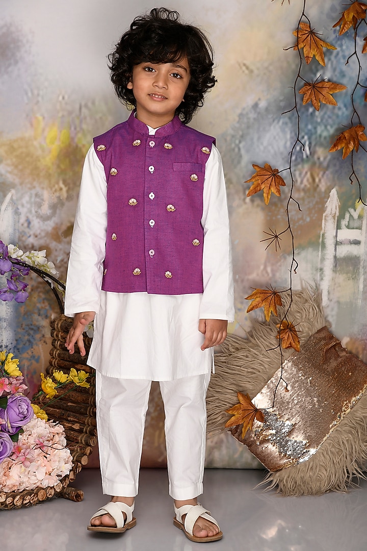 Purple Cotton Thread Embroidered Jacket Set For Boys by Mudkid