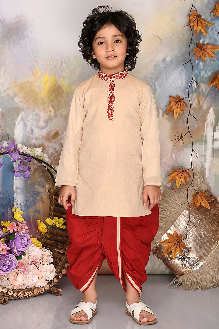 Maroon Cotton Dhoti Set For Boys by Mudkid