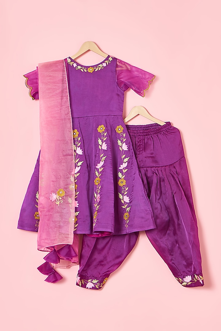 Purple Chanderi Silk Thread Hand Embroidered Anarkali Set For Girls by Mudkid