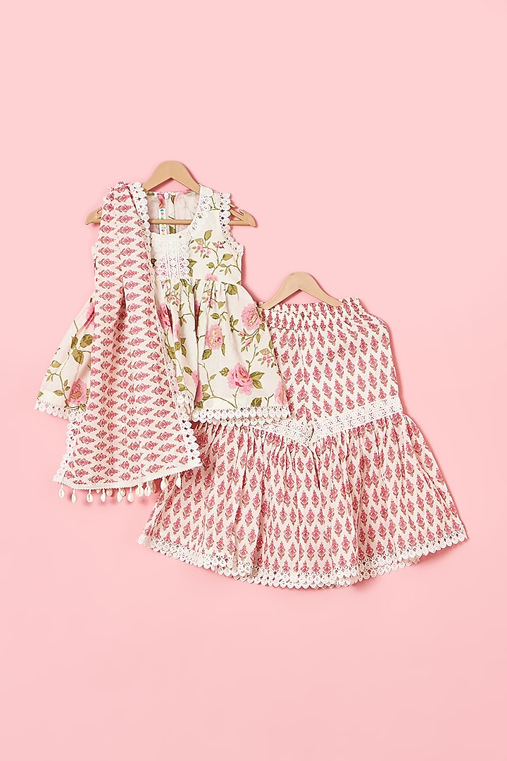 White Cotton Floral Printed Sharara Set For Girls by Mudkid