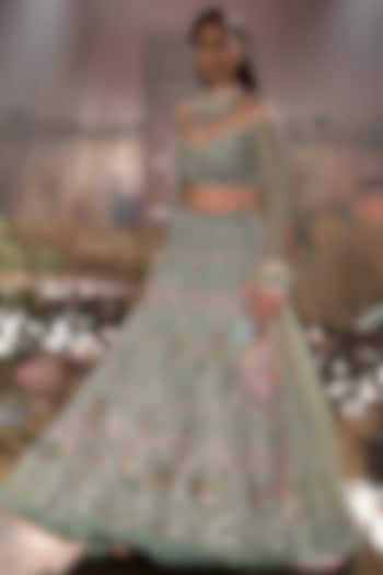 Mint Green Hand Embroidered Bridal Bridal Lehenga Set by Mynah Designs By Reynu Tandon at Pernia's Pop Up Shop